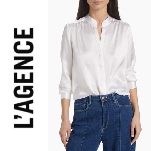 L'AGENCE Tops - NWT💕L'AGENCE Bianca Silk Charmeuse Blouse in White Size XL